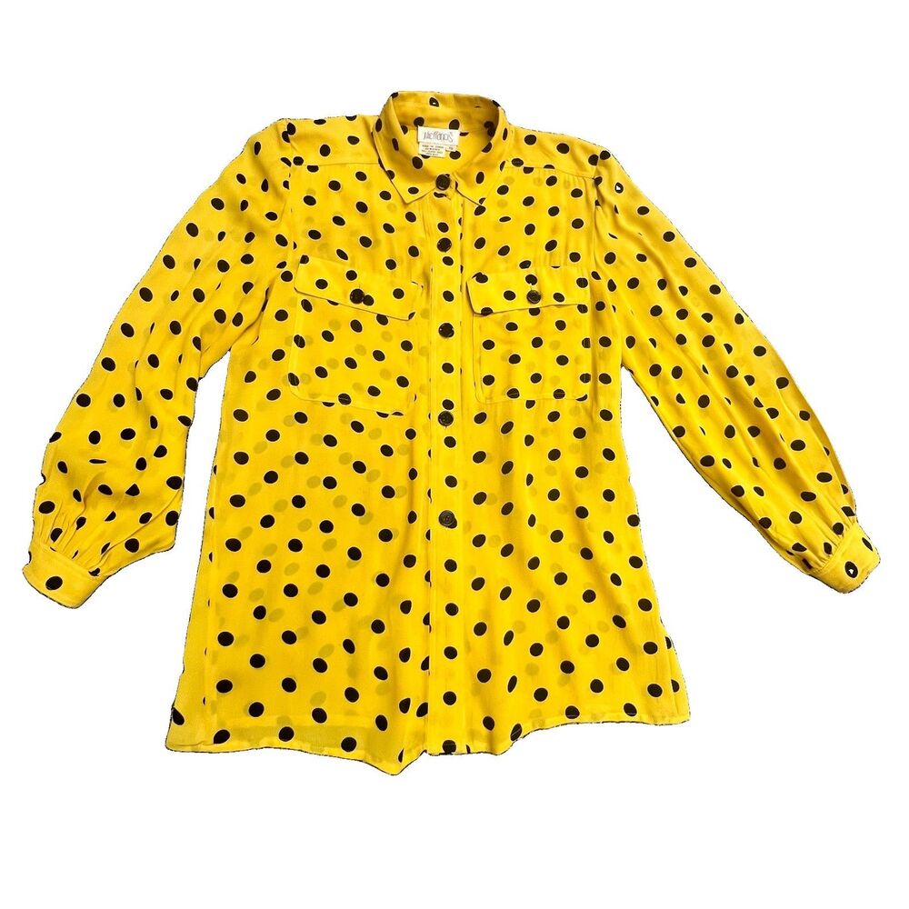 Vintage Silk Polka Dot Blouse Julie Francis Sz10 Yellow Black 80’s 90’s